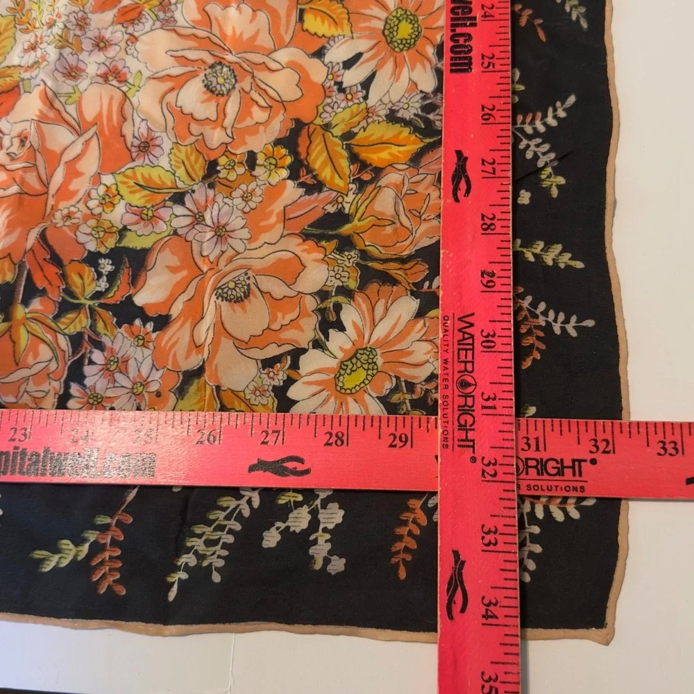 Vintage Floral Scarf Orange Black Garden Print Retro 32x34 Large Square Wrap